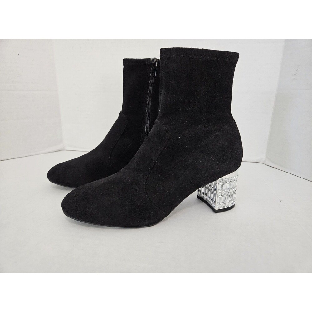 Dune London black Optimal Bootie faux suede Silvertone Rhinestone Block Heel 38